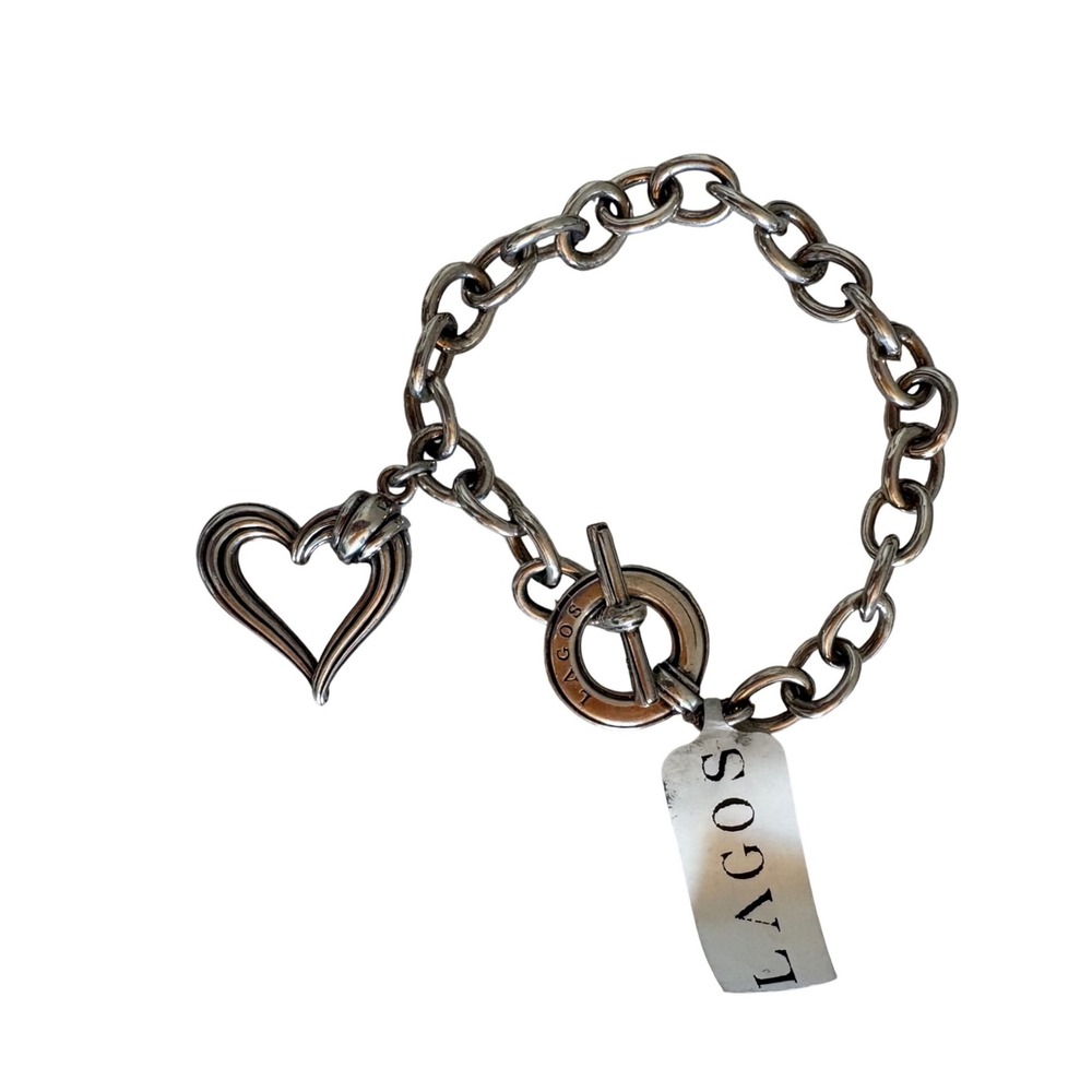 Lagos Sterling‎ Silver 925 Open Heart Charm Link Toggle Bracelet 7.75" NEW